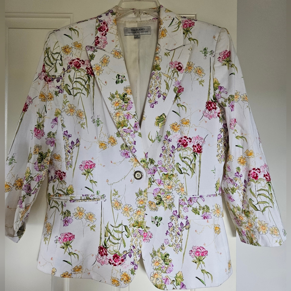 Tahari White Floral Blazer with Pink, Yellow and Green Accents